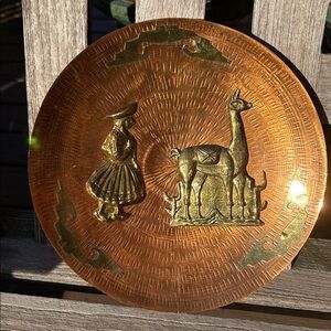 Vintage Peruvian Decorative Copper and Brass Wall Plate Llama and Mama